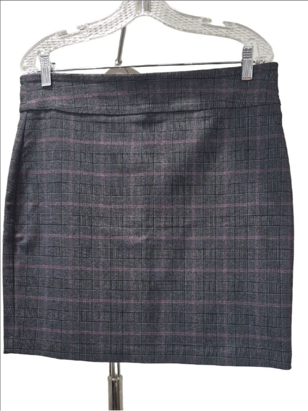 Gray Plaid Pencil Skirt with Pink/burgundy Windowpane Accents Comfort Waistband.
